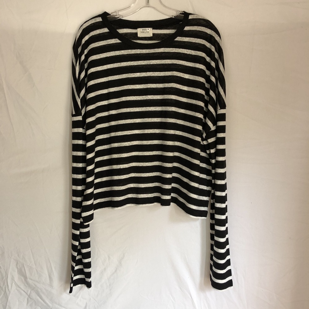 MIKUTA Shirt Womens XS Black White Stripe 100% Linen Long Sleeve Crew Top